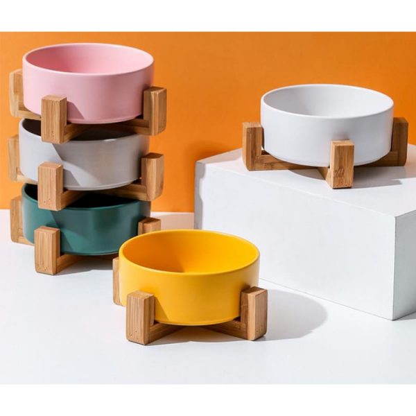 Ceramic Pet Bowl with Wooden Shelf color