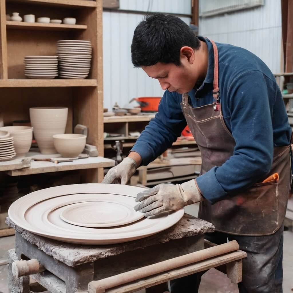 making ceramic plate in workshop