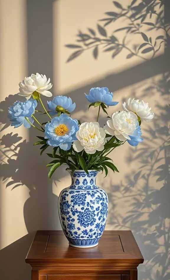 Custom porcelain vases from China styled on a wooden table in a cosy reading corner