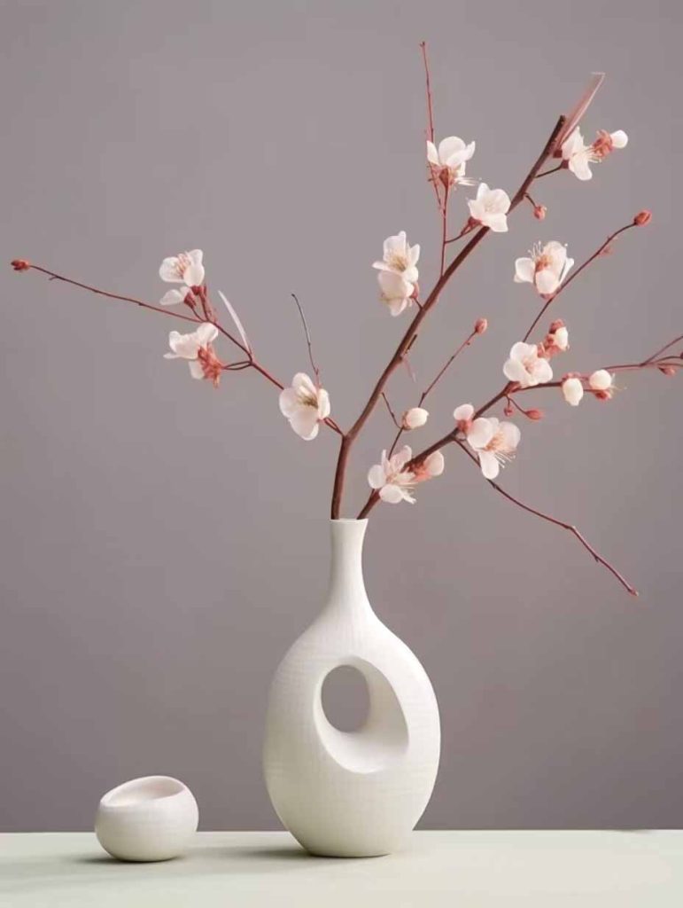 Autumn-themed display with custom porcelain vases from China and warm orange foliage