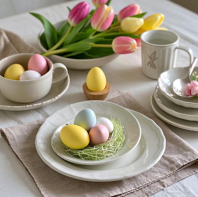 Easter table setting with cheap ceramic decorations wholesale – ceramic plates, mugs, and egg for festive spring decor