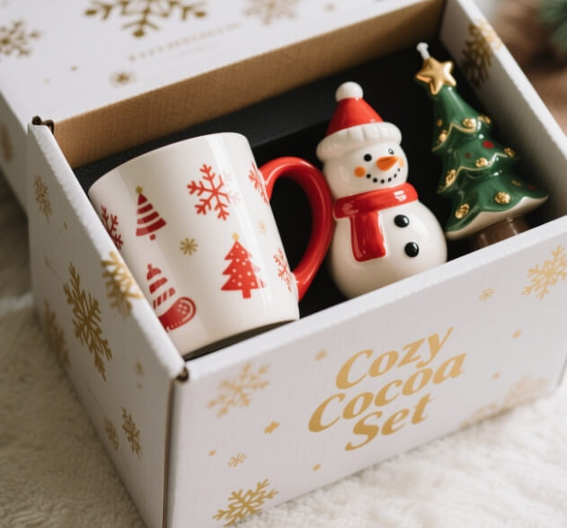 Ceramic holiday gift set with Christmas mug, snowman figurine, and candle holder for upselling