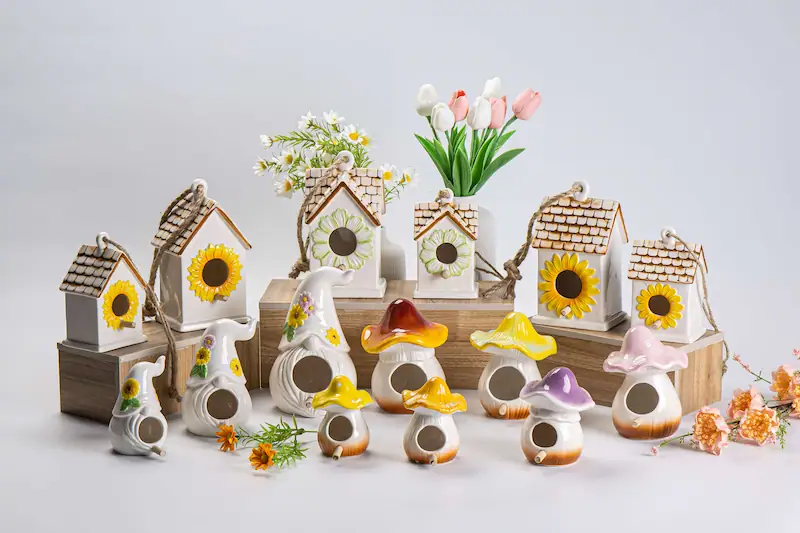 Decorative ceramic garden figurines and seasonal ornaments