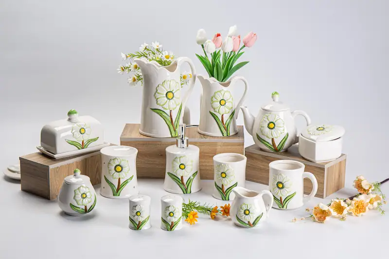 Handcrafted ceramic spring season decorations with floral motifs