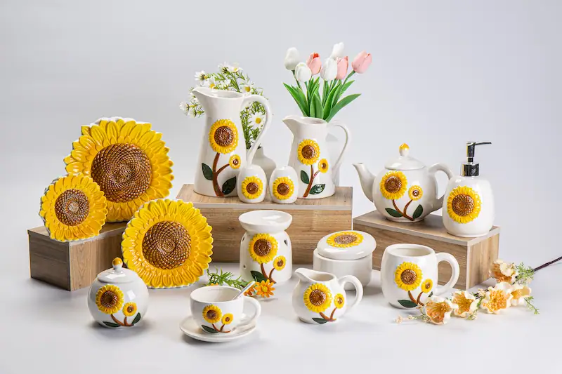Spring-themed table accents: candle holders, pitchers, and mugs