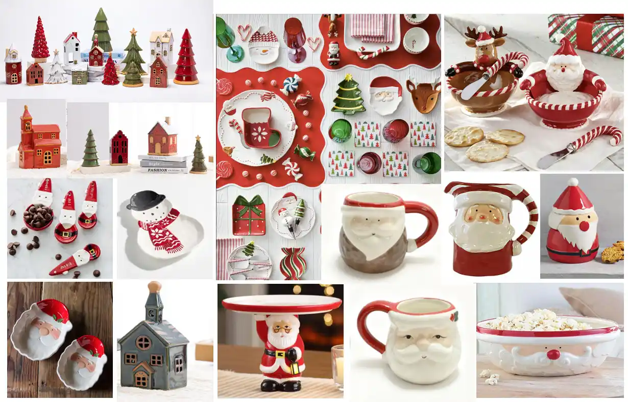 Christmas decoration ideas with handcrafted ceramic Santa figurines, snowmen, and festive tableware by Homey Ceramic.
