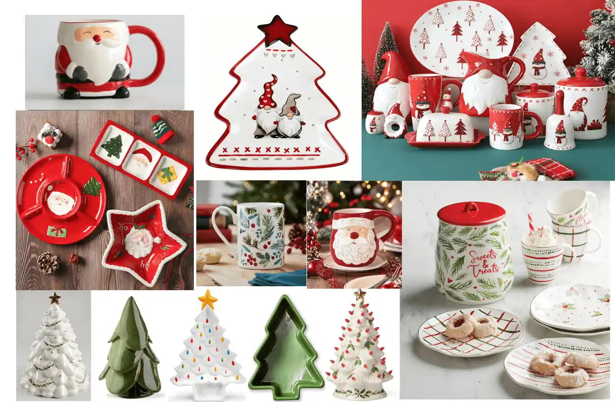 Handmade ceramic Christmas decorations featuring Santa mugs, tree plates, and snowman bowls – festive home styling ideas.