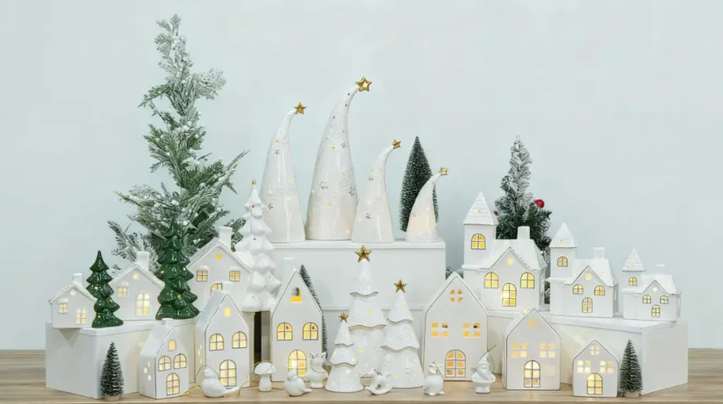 White ceramic Christmas houses and trees with LED lights, decorative ceramics for festive home display.