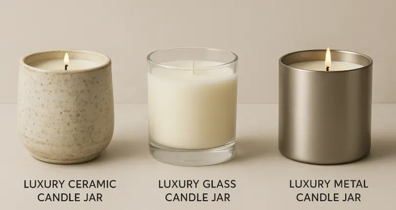 ceramic jar appears artisanal with textured glaze; the glass jar transparent and elegant; the metal jar matte 