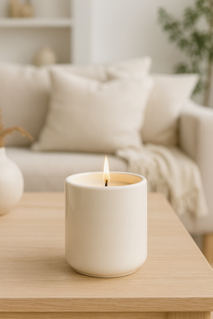 Ceramic candle jar in a bright Scandinavian-style living room