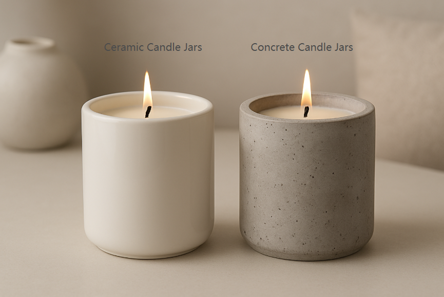 Ceramic vs Concrete Candle Jars,Ceramic jar looks smooth, glazed, and elegant, while the concrete jar appears textured, raw, and industrial.