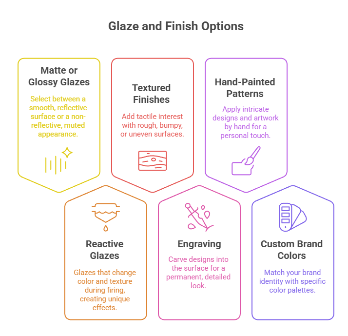Glazing & Decoration Choose from: Matte or glossy glazes Reactive glazes Textured finishes Engraving Hand-painted patterns Custom brand colours