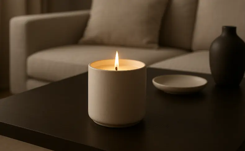 Large candle jar on a minimalist dining table, soft flickering glow enhancing home décor and evening ambiance.