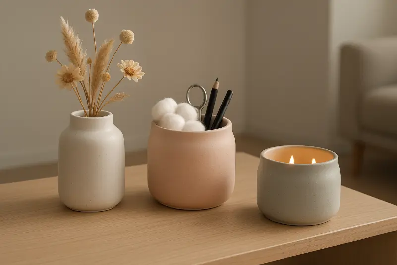 Used ceramic candle jars repurposed as flower vases, storage containers, and tealight holders in modern home décor.