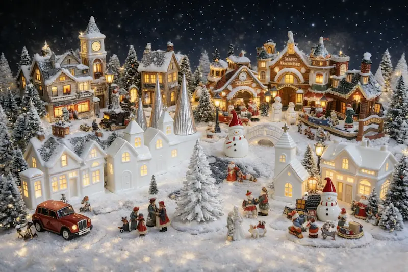 Christmas village display with ceramic houses, trees, figurines