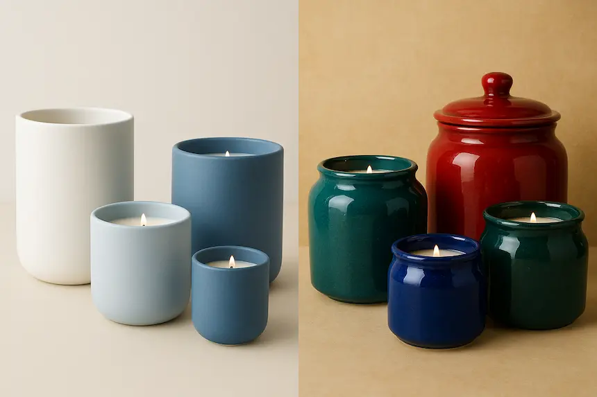 left side featuring European/North American trends with matte white and coastal blue jars; right side showing Middle Eastern / Asian markets with jewel-toned glossy ceramic candle jars.