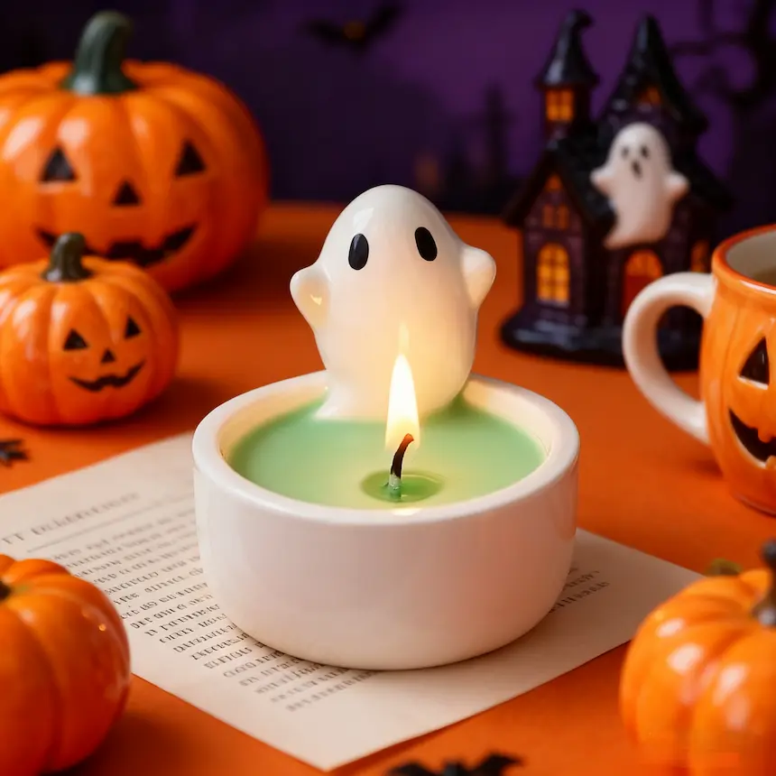 Halloween Tabletop with ceramic candle holder, pumpkin decorations