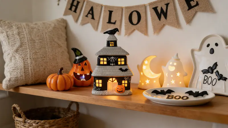 Styled ceramic haunted house Halloween decoration with warm lighting and cosy home display