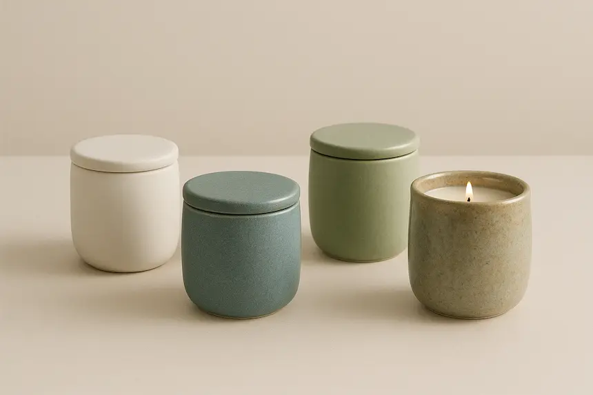 lifestyle shot of ceramic candle jars in 2026 trending glazes: matte white, coastal blue, sage green, and reactive artisanal finishes.