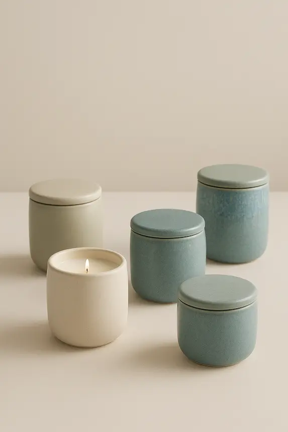 2026 ceramic candle jars displayed in a clean studio setting, showing matte white jars, coastal blue glazes, soft neutrals, and artisanal reactive glaze finishes.