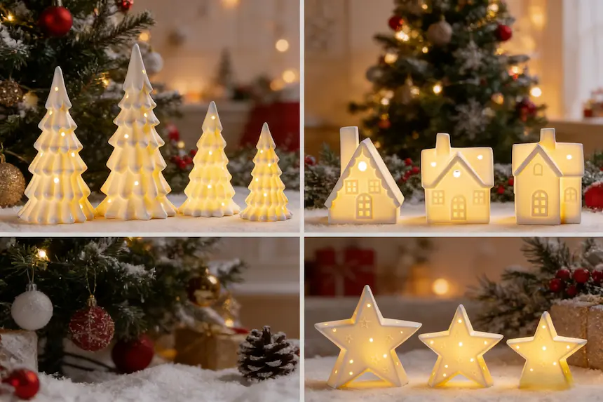 smaller ceramic trees (10–25 cm) with LED lights inside