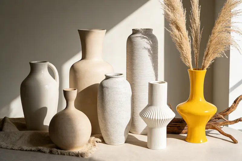 Boho ceramic vase wholesale collection with textured finishes and neutral tones for private label brands