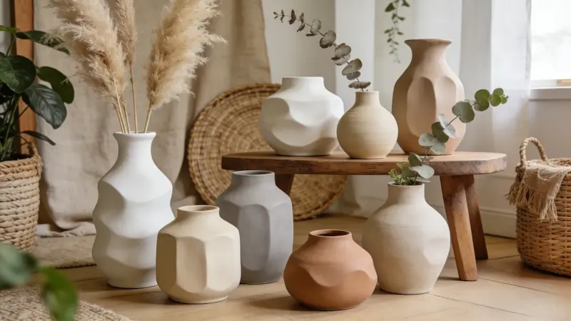 Boho ceramic vase wholesale collection styled in a natural boho interior décor scene