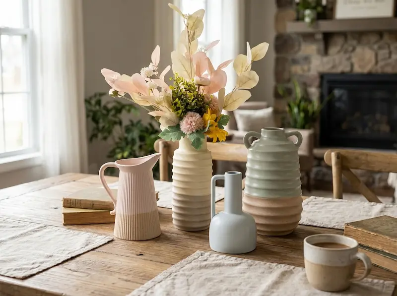 Ceramic vase wholesale display for retailers featuring minimalist and decorative flower vases in table setting