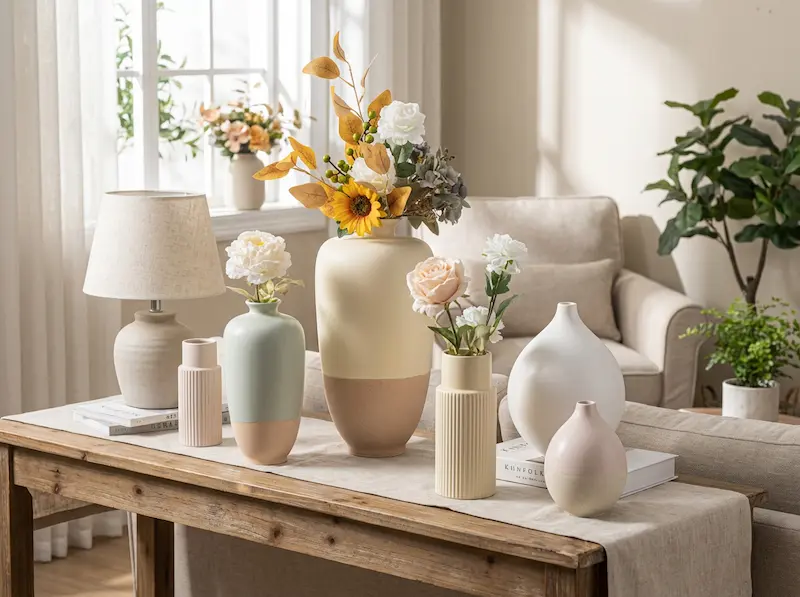 Flower vase styling for retailers with ceramic vases arranged in a modern retail display for home décor shops