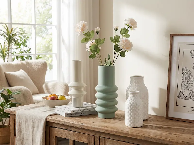 Merchandising floral vases in a table with themed ceramic vase display and decorative flowers