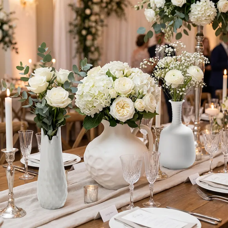 Minimalist white ceramic vases for wedding décor, modern flower vase UK style for florists and event suppliers