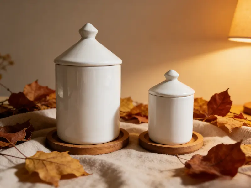 Ceramic candle jars for autumn home decor styled in neutral colours with dried florals
