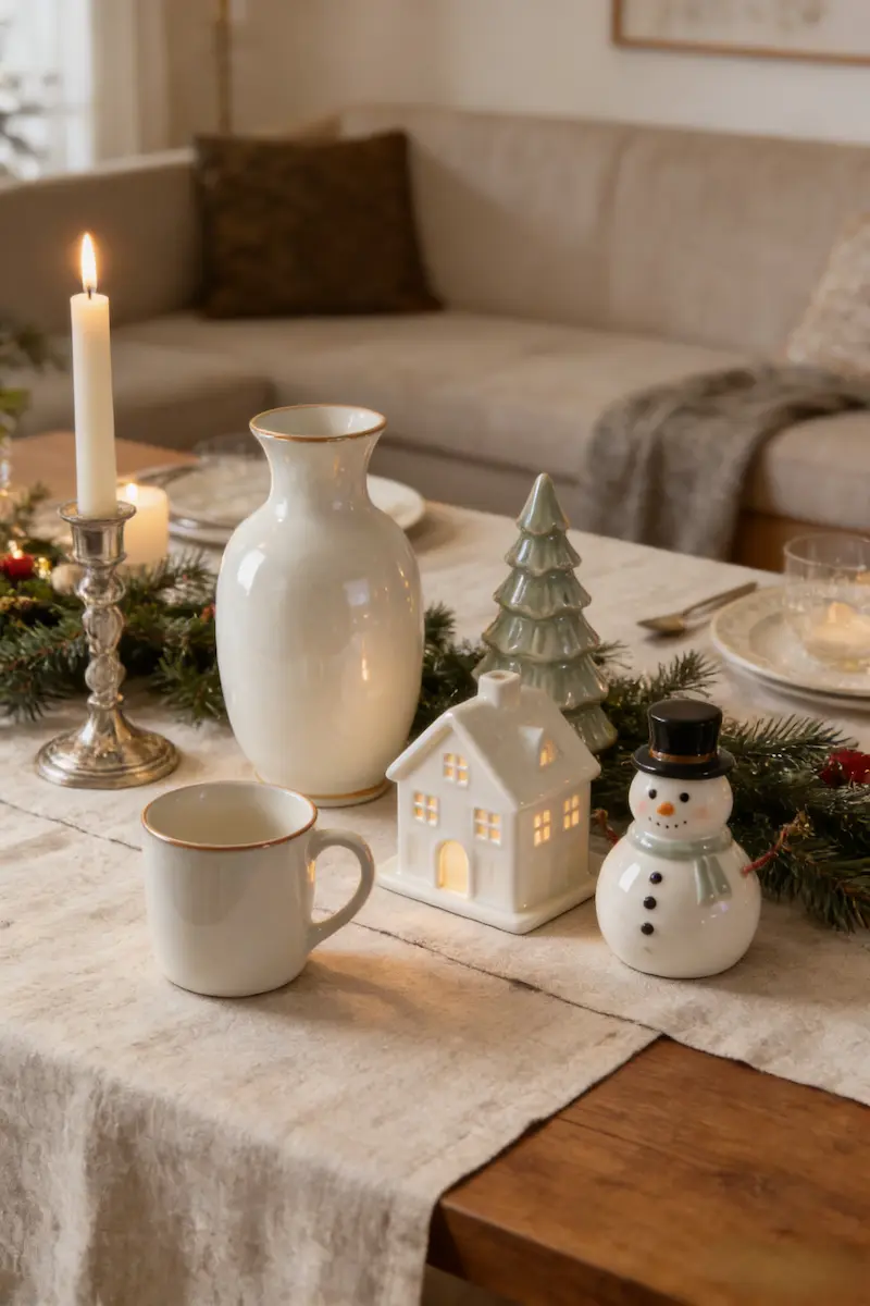 Cloud Dancer glazed ceramic Christmas home decor including vases, candle holders, houses and festive figurines in a modern European interior