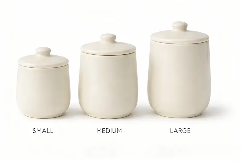 Different sizes of empty ceramic candle jars with lids in Cloud Dancer glaze for bulk supply