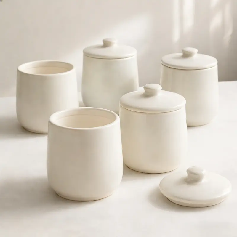 Empty ceramic candle jars in Cloud Dancer colour with matching lids, designed for UK private label candle brands