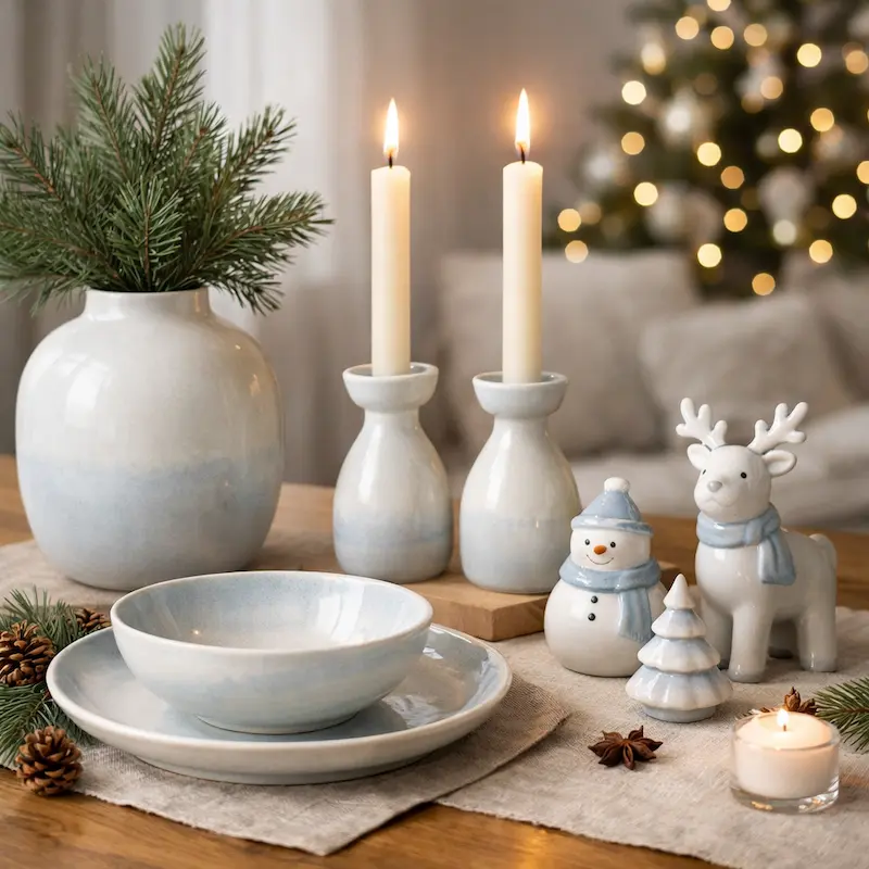Glazed ceramic Christmas decorations with soft glazed finish, featuring vases, candle holders and decorative tableware for festive home styling