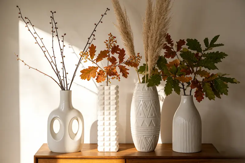 Autumn home decor vases using neutral ceramic vases for UK interiors