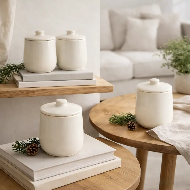 Cloud Dancer empty ceramic candle jars styled in a modern European home interior with neutral décor
