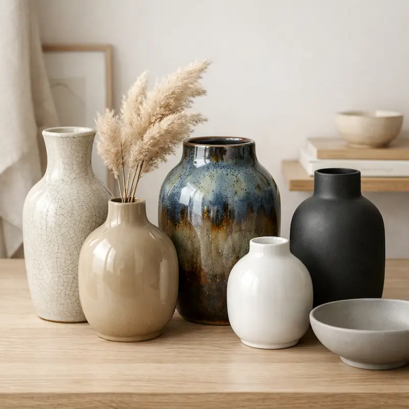 glazed ceramic vase wholesale collection showing crackle, reactive, gloss and matte glaze finishes