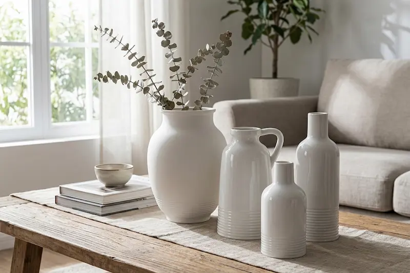 Minimalist white ceramic personalised vase set with ribbed texture, styled with eucalyptus in a bright living room, ideal for custom home decor and gifting