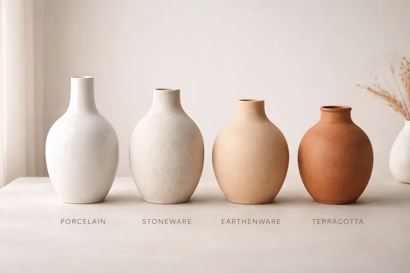 ceramic vase materials comparison including porcelain stoneware earthenware and terracotta