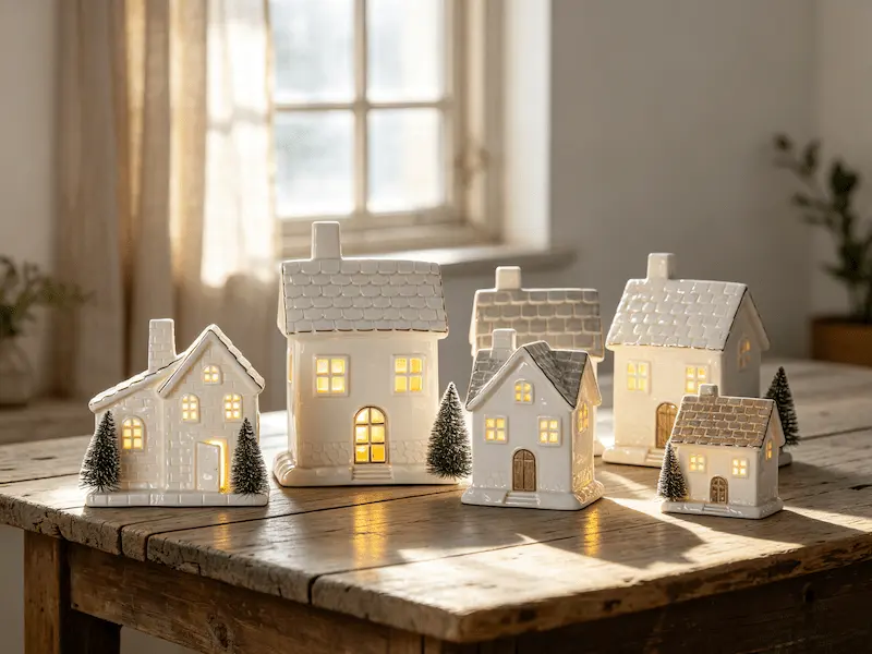 Rustic ceramic house sculptures in farmhouse-style interior shelf display