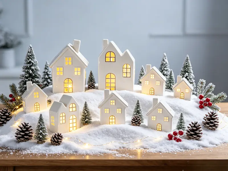 Seasonal rustic ceramic cottage Christmas village decoration