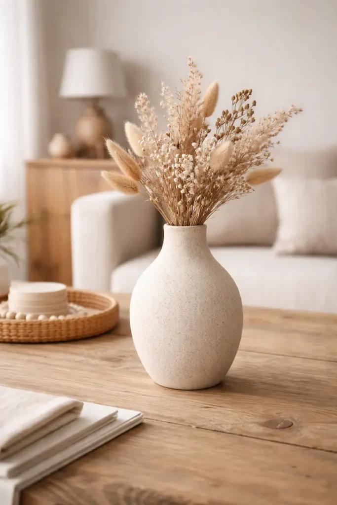 stoneware ceramic vase in modern rustic interior with dried flowers