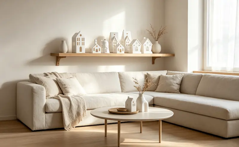 Minimalist interior featuring contemporary ceramic house sculptures in neutral tones