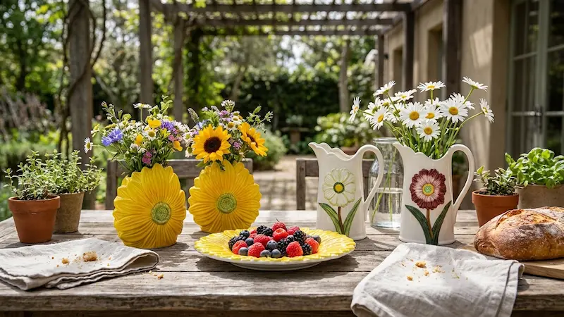Beautiful personalised vase set including hand-painted sunflower and daisy ceramic jugs, styled with fresh berries and seasonal blooms in a sunny garden setting, ideal for personalised gifting