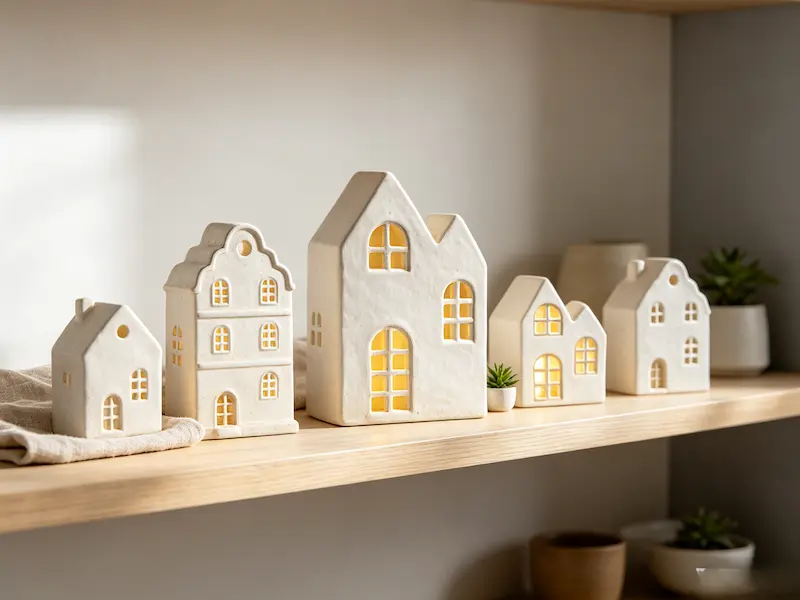 Modern ceramic house sculptures in stoneware style displayed in minimalist interior decor