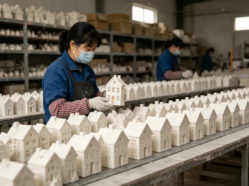 factory production line of ceramic house figurines