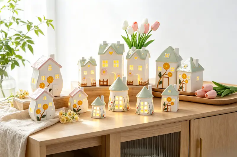 spring-themed wholesale ceramic house figurine collection